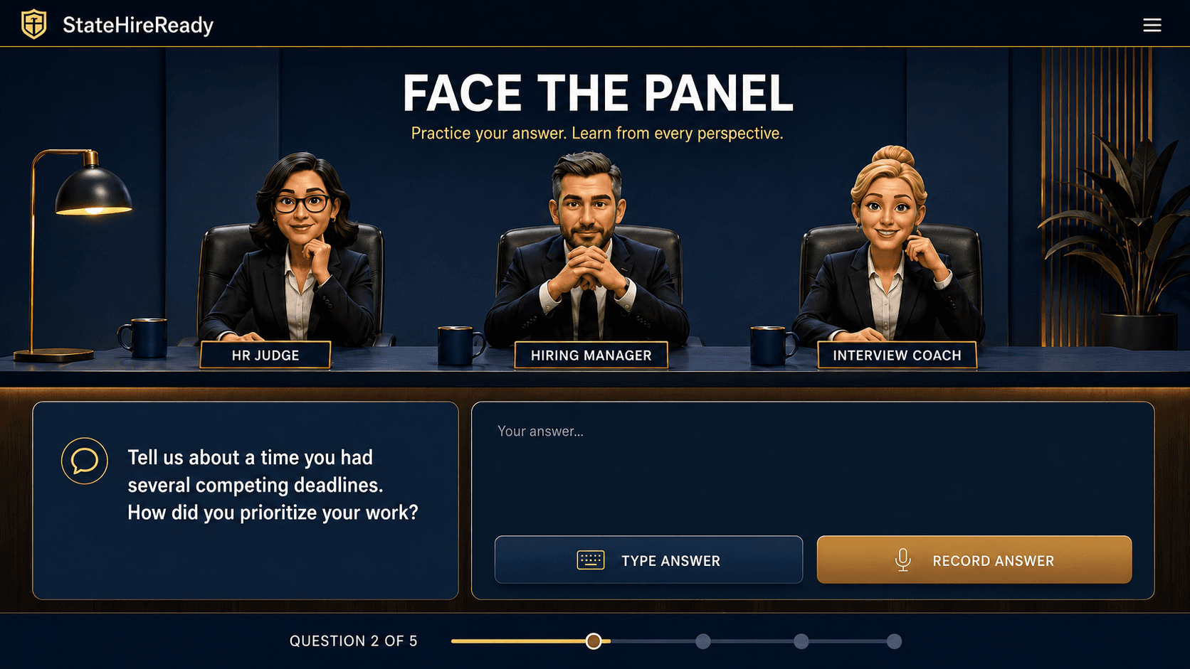 Three interview panelists seated at a table: an HR judge, a hiring manager and an interview coach